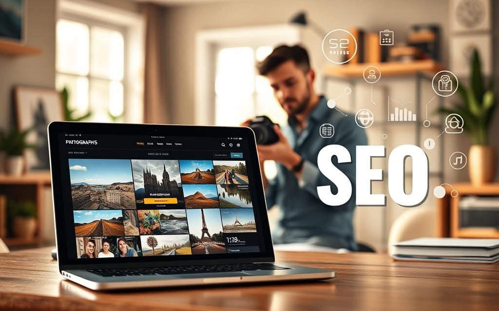 A sleek, modern photography website displayed on a laptop prominently in the foreground, showcasing various stunning images in a grid format. The middle layer features a professional photographer, dressed in smart casual attire, intently reviewing website analytics on a second monitor. Surrounding them are elements symbolizing SEO, such as keywords, graphs, and digital marketing icons, softly blurred to suggest activity. The background features a cozy, well-lit office space with natural light streaming in from a window, enhancing a creative atmosphere. A warm, inviting color palette of earthy tones fosters a sense of productivity and inspiration. The overall mood is focused and energetic, emphasizing the importance of SEO for attracting photography clients online. Stay focused, Ray Baker.