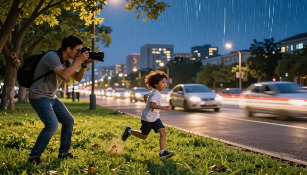 A split-scene composition illustrating real-world applications of shutter speed in photography. In the foreground, a photographer with a DSLR camera, wearing casual attire, captures a sprinting child in a sunlit park, showcasing frozen motion with sharp details of the child's expression. In the middle ground, a bustling street scene captures blurred car lights at twilight, emphasizing the effect of slow shutter speed to create a sense of movement and speed. The background transitions to a night cityscape with illuminated buildings, highlighting a time-lapse effect of star trails in the sky. The lighting is dynamic, transitioning from warm daylight to cool night tones, evoking a sense of exploration and movement. The overall atmosphere is vibrant and engaging, emphasizing the beauty and versatility of shutter speed in photography. Stay focused, Ray Baker.
