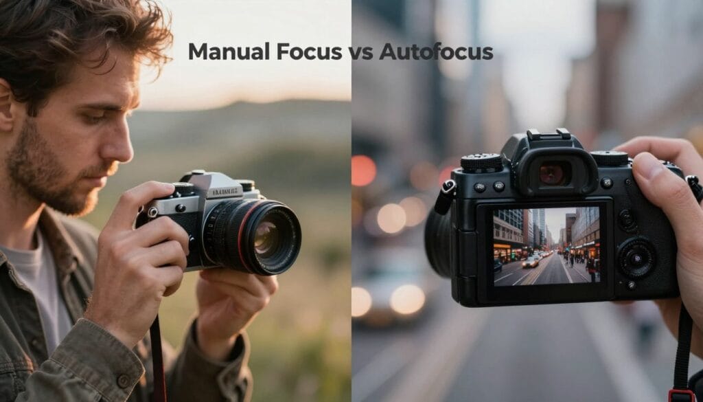 A split-screen image illustrating "Manual Focus vs Autofocus" in photography. On the left, a photographer in professional attire, intently adjusting the focus ring on a vintage camera, warm light illuminating their concentration, a shallow depth of field blurring a beautiful landscape behind them. On the right, a modern camera with autofocus engaged, capturing a bustling cityscape, showcasing the seamless technology. The atmosphere is dynamic, with soft lighting that enhances the contrast between the classic and modern techniques. Include subtle details like a faint lens flare on the autofocus side, and an intricate bokeh effect on the manual side, symbolizing the artistry of manual focus. The background should be softly blurred to keep the focus on the techniques. Stay focused, Ray Baker. A split-screen image illustrating "Manual Focus vs Autofocus" in photography. On the left, a photographer in professional attire, intently adjusting the focus ring on a vintage camera, warm light illuminating their concentration, a shallow depth of field blurring a beautiful landscape behind them. On the right, a modern camera with autofocus engaged, capturing a bustling cityscape, showcasing the seamless technology. The atmosphere is dynamic, with soft lighting that enhances the contrast between the classic and modern techniques. Include subtle details like a faint lens flare on the autofocus side, and an intricate bokeh effect on the manual side, symbolizing the artistry of manual focus. The background should be softly blurred to keep the focus on the techniques. Stay focused, Ray Baker.