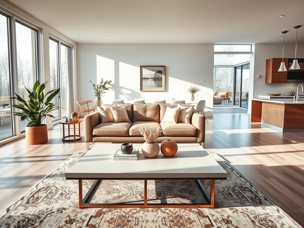 A stunning interior shot showcasing a well-lit living room in a modern home, featuring large windows that invite natural light. The foreground includes a stylish coffee table with a few minimalist decorations and a soft area rug. In the middle, a spacious couch arranged with cozy throw pillows and a tasteful wall art piece enhances the inviting atmosphere. The background reveals an open kitchen with gleaming countertops, highlighting a blend of contemporary design and warm tones. Exquisite HDR lighting creates a balanced exposure, accentuating the brightness and spaciousness of the room, while giving textures a vibrant clarity. Use a wide-angle lens for depth and perspective, ensuring a professional, polished look. The mood is fresh and uplifting, radiating warmth and inviting ambiance. Stay focused, Ray Baker.
