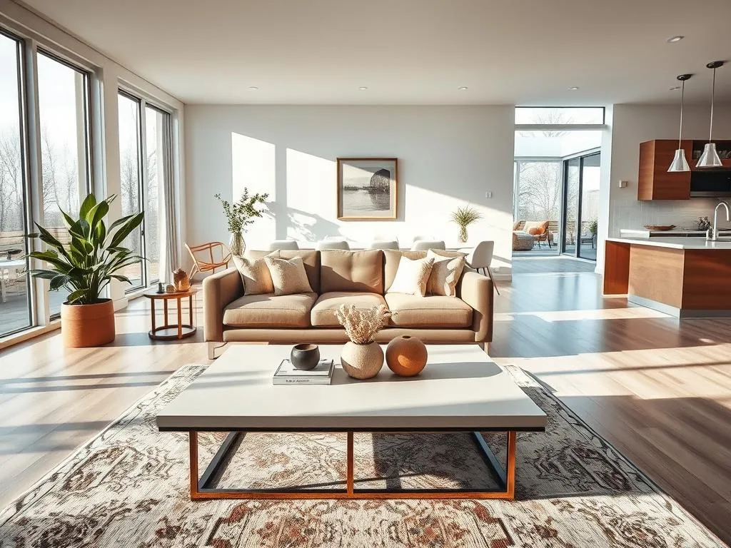 A stunning interior shot showcasing a well-lit living room in a modern home, featuring large windows that invite natural light. The foreground includes a stylish coffee table with a few minimalist decorations and a soft area rug. In the middle, a spacious couch arranged with cozy throw pillows and a tasteful wall art piece enhances the inviting atmosphere. The background reveals an open kitchen with gleaming countertops, highlighting a blend of contemporary design and warm tones. Exquisite HDR lighting creates a balanced exposure, accentuating the brightness and spaciousness of the room, while giving textures a vibrant clarity. Use a wide-angle lens for depth and perspective, ensuring a professional, polished look. The mood is fresh and uplifting, radiating warmth and inviting ambiance. Stay focused, Ray Baker. A stunning interior shot showcasing a well-lit living room in a modern home, featuring large windows that invite natural light. The foreground includes a stylish coffee table with a few minimalist decorations and a soft area rug. In the middle, a spacious couch arranged with cozy throw pillows and a tasteful wall art piece enhances the inviting atmosphere. The background reveals an open kitchen with gleaming countertops, highlighting a blend of contemporary design and warm tones. Exquisite HDR lighting creates a balanced exposure, accentuating the brightness and spaciousness of the room, while giving textures a vibrant clarity. Use a wide-angle lens for depth and perspective, ensuring a professional, polished look. The mood is fresh and uplifting, radiating warmth and inviting ambiance. Stay focused, Ray Baker.