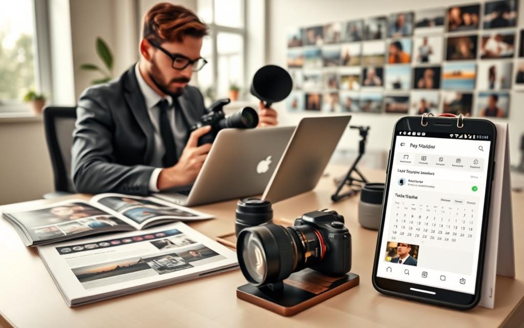 A vibrant and professional workspace featuring a photographer in a modern setting, navigating between traditional and digital business strategies. In the foreground, a well-dressed photographer reviews images on a laptop, with a camera and lenses placed thoughtfully on the desk. The middle ground showcases a printed portfolio and a calendar filled with booked sessions, alongside a smartphone with a Google Business Profile open, symbolizing local engagement. The background reveals a bright studio space with natural light flooding in through large windows, illuminating a wall adorned with photographs, blending creativity with professionalism. The atmosphere is focused and energetic, reflecting the dual challenge of maintaining artistry while managing a hybrid business model. Soft, natural lighting enhances the scene, creating an inviting and productive mood. Stay focused, Ray Baker.