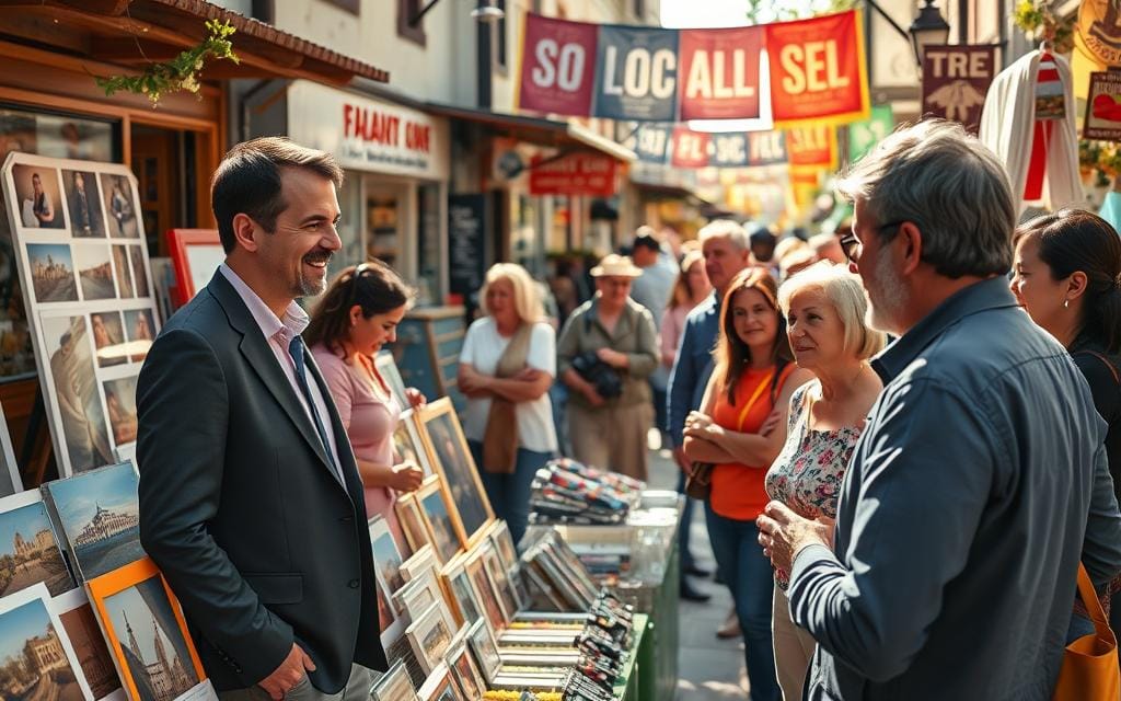 A vibrant community scene depicting a friendly neighborhood photographer engaging with locals in a bustling market. In the foreground, the photographer, a professional in business attire, is seen interacting with a diverse group of people who are admiring his showcased work. In the middle ground, colorful stalls with art prints, photography equipment, and local crafts create a lively atmosphere. The background features quaint storefronts and community banners, symbolizing local SEO connections. Warm, natural lighting bathes the scene, creating a welcoming ambiance. The angle is slightly elevated, capturing both the interaction and the surrounding community, fostering a sense of connection and engagement. The mood is cheerful and inspiring. Stay focused, Ray Baker.