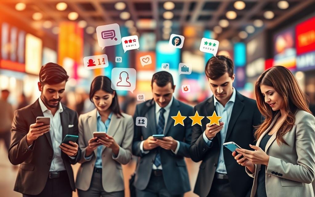A vibrant digital collage depicting the concept of social media and client testimonials in photography referral programs. In the foreground, a diverse group of professionals in smart casual attire is engaging with their smartphones, sharing positive reviews and testimonials on social media platforms. In the middle, illustrate floating icons of popular social media platforms and star ratings to signify interactions. The background features a colorful, blurred cityscape with soft lighting, creating a dynamic atmosphere. Use warm tones to evoke a sense of community and trust. Capture the scene from a slightly elevated angle, emphasizing the interaction and engagement of the professionals with their digital devices, ensuring the image is clear and focused on the theme. Stay focused, Ray Baker.