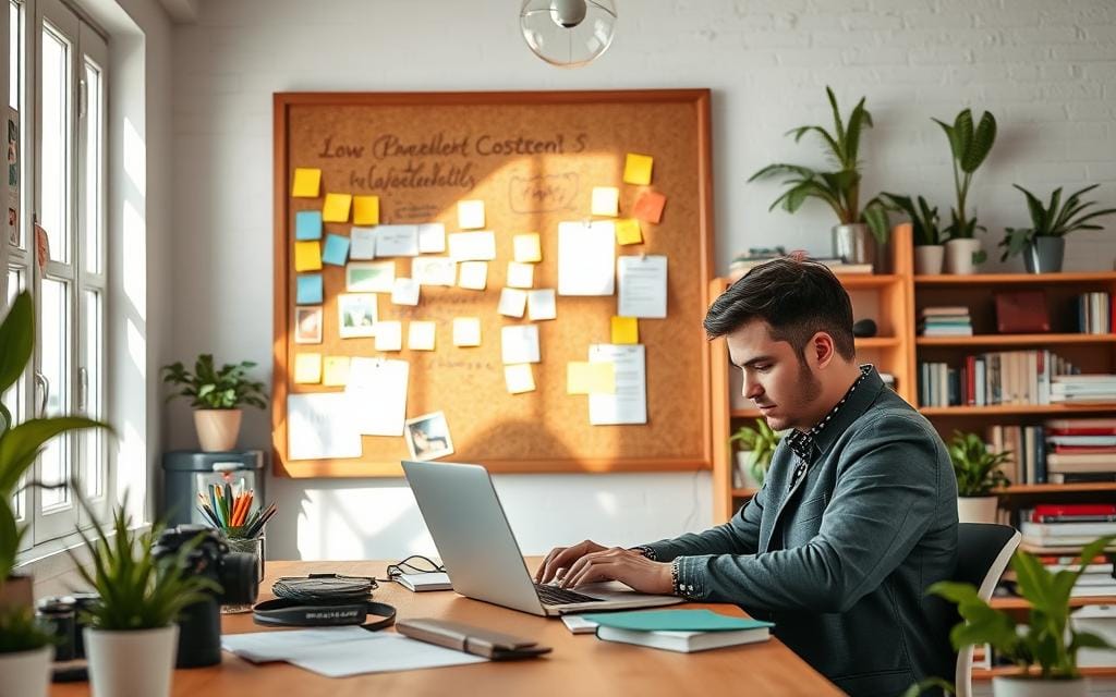 A vibrant workspace filled with creative energy, showcasing an engaging content creation process. In the foreground, a professional in smart casual attire, intently typing on a laptop, surrounded by notes and photography gear. The middle ground features a large corkboard filled with colorful post-it notes, sketches, and ideas for blog articles. In the background, soft sunlight streams through a large window, illuminating a tasteful arrangement of photography books and plants. A subtle, inspiring atmosphere emphasizes productivity and innovation. The composition should be dynamic, capturing the essence of crafting compelling content that enhances local SEO visibility for photographers. Use a bright, natural lighting setup to evoke a sense of clarity and focus. Stay focused, Ray Baker.