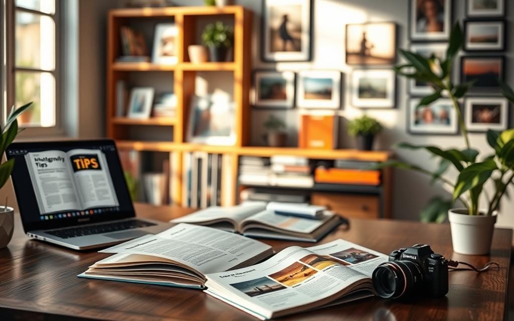 A vibrant workspace filled with creative photography content ideas. In the foreground, a stylish desk features an open ebook, a camera manual, and a colorful guide, all artfully arranged. To the left, a professional laptop displays a digital layout of a photography tips ebook. In the middle, a shelf holds inspiring photography books, neatly organized, with a beautiful plant adding a touch of life. The background showcases soft-focus framed photographs on the wall, representing various photography styles. Warm, natural lighting streams in from a window to create a welcoming atmosphere. The mood is creative and motivating, perfect for aspiring photographers looking for new ideas. Stay focused, Ray Baker.