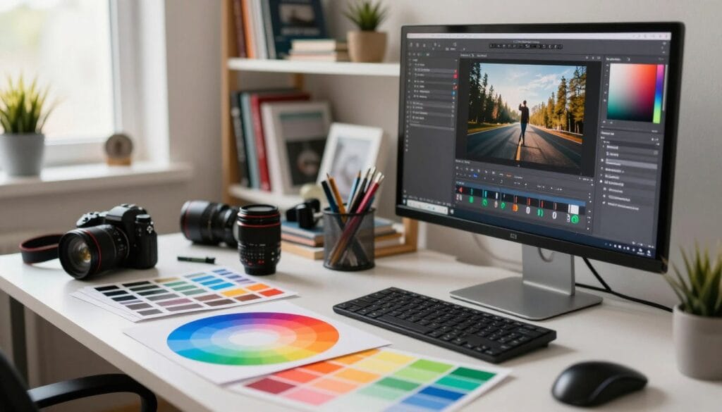 A vibrant workspace filled with various photography equipment, featuring a computer monitor displaying an image editing software screen focused on a color correction tool. In the foreground, there's a color wheel and color palette spread across the desk, with vibrant hues of blue, orange, and green contrasting sharply. The middle ground shows a well-organized workspace with a camera, lenses, and color-checking cards, all drenched in soft, natural light streaming through a window. The background is a blurred shelf filled with photography books and props. The overall atmosphere is professional yet creative, encouraging quick and effective color correction solutions. Stay focused, Ray Baker. A vibrant workspace filled with various photography equipment, featuring a computer monitor displaying an image editing software screen focused on a color correction tool. In the foreground, there's a color wheel and color palette spread across the desk, with vibrant hues of blue, orange, and green contrasting sharply. The middle ground shows a well-organized workspace with a camera, lenses, and color-checking cards, all drenched in soft, natural light streaming through a window. The background is a blurred shelf filled with photography books and props. The overall atmosphere is professional yet creative, encouraging quick and effective color correction solutions. Stay focused, Ray Baker.