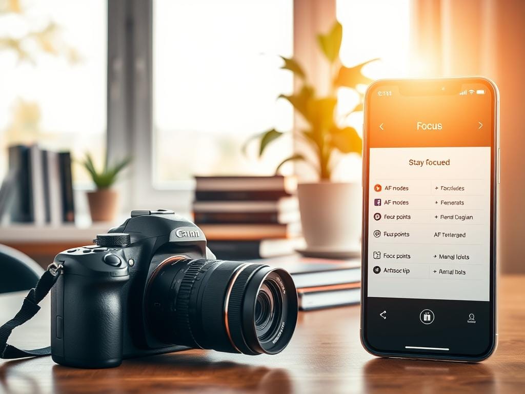 A visually appealing workspace dedicated to photography, showcasing various camera settings related to focus for beginners. In the foreground, a modern DSLR camera stands on a neatly arranged table, with focus mode dial options prominently displayed. The middle ground features a detailed close-up of a bright smartphone screen showing a clear graphic of AF modes, focus points, and manual focus tips. In the background, soft natural light filters through a large window, illuminating photography books and a potted plant, creating a serene and inviting atmosphere. The color palette is warm and welcoming, emphasizing clarity and ease of understanding for novice photographers. Stay focused, Ray Baker.