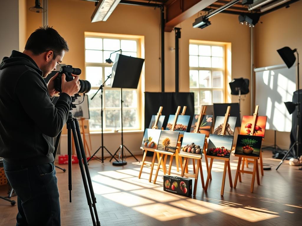 A visually engaging composition showcasing a variety of photographic orientations and focal lengths in a vibrant photography studio. In the foreground, a professional photographer adjusts a DSLR camera on a tripod, capturing a colorful still life arrangement featuring fruits and flowers. The middle ground features several images displayed on easels, each with distinct orientations – some portrait, others landscape, and varying focal lengths, illustrating creative diversity. In the background, large windows allow soft natural light to pour in, casting gentle shadows on the floor, while photography equipment and backdrops are neatly organized. The atmosphere feels dynamic yet focused, emphasizing the importance of exploring different perspectives. Stay focused, Ray Baker.