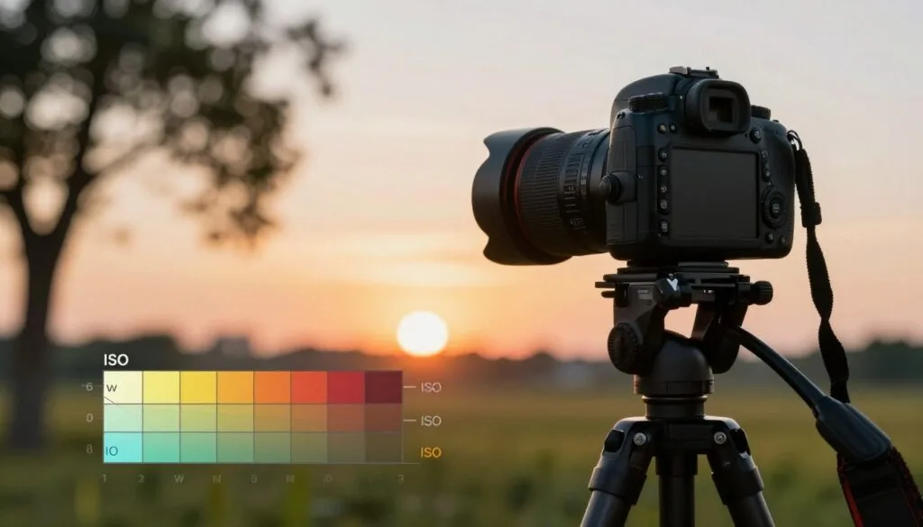 A visually engaging image illustrating ISO settings for photography, focusing on a detailed camera setup in the foreground. Showcase a DSLR camera on a sturdy tripod with a wide aperture lens, aimed at a beautifully lit outdoor scene featuring a sunset over a vibrant landscape. In the middle ground, include a gradient chart that displays various ISO levels, highlighting low to high settings with a spectrum of noise effects. The background should depict soft, blurred trees and a serene skyline, creating a peaceful atmosphere. The lighting should be warm and inviting, emphasizing the balance between light and shadow while illustrating the impact of ISO on image clarity. The overall mood should convey mastery in photography, inviting viewers to explore the nuances of ISO settings. Stay focused, Ray Baker.