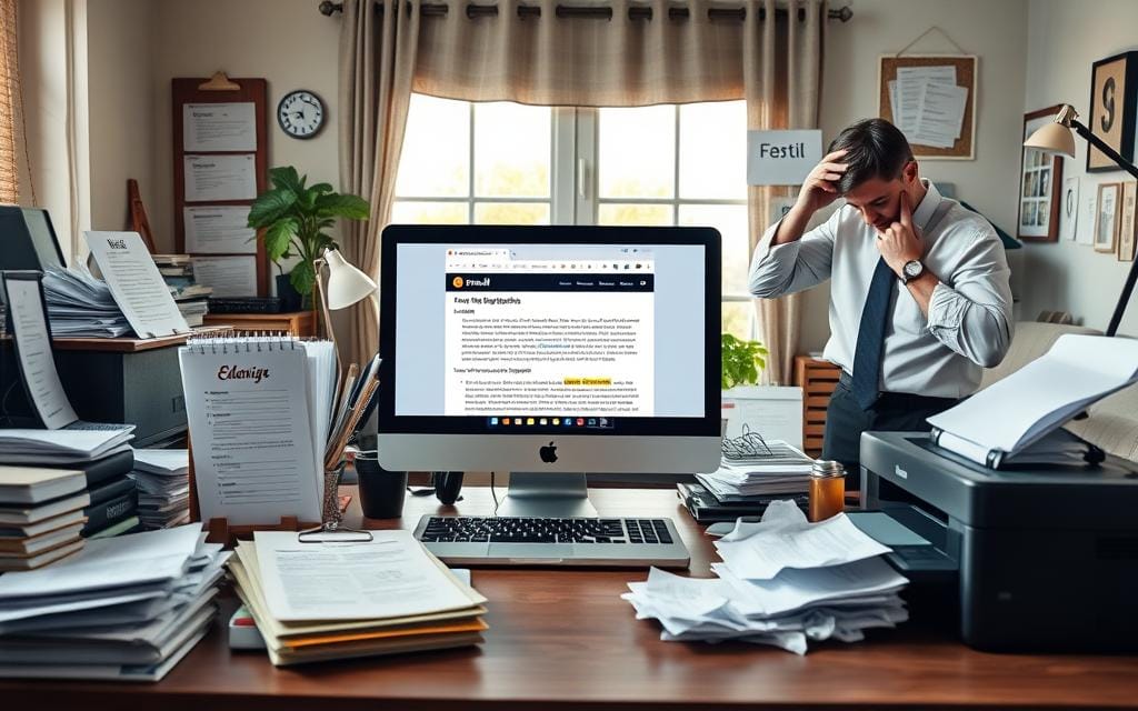 A visually engaging representation of common pitfalls in email marketing tailored for photographers. In the foreground, showcase a cluttered desk with a laptop open to an email interface, displaying a poorly designed email with broken links and a lack of personalization. Surrounding the desk, various symbols of pitfalls such as a neglected checklist, an overflowing inbox, and a frustrated photographer in smart casual attire, rubbing their temples. In the middle ground, include a large calendar page indicating missed deadlines, and a printer with crumpled printouts demonstrating ineffective email strategies. The background features a soft-focus window with natural light streaming in, casting a warm glow on the scene. Aim for a professional yet slightly chaotic atmosphere to convey the challenges of email marketing. Stay focused, Ray Baker.