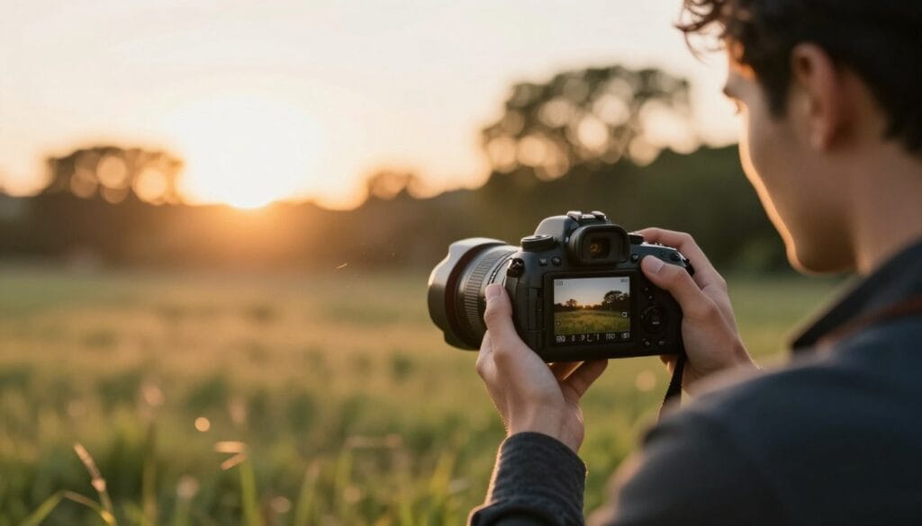 A visually engaging scene that represents the integration of shutter speed, ISO, and aperture for balanced exposure in photography. In the foreground, a professional photographer, dressed in smart casual attire, is adjusting their camera settings on a sleek DSLR. The camera displays clear indicators for shutter speed and ISO on its screen. In the middle ground, an open field is illuminated by soft golden hour sunlight, highlighting the interplay between depth of field and background blur. The setting sun casts warm hues, creating a harmonious atmosphere. The background features blurred trees and soft bokeh effects, emphasizing the subject's sharp focus. A gentle breeze creates a sense of movement, enhancing the tranquil yet dynamic mood of the scene. Natural light plays off the photographer's camera, showcasing the art of balancing exposure elements. Stay focused, Ray Baker. A visually engaging scene that represents the integration of shutter speed, ISO, and aperture for balanced exposure in photography. In the foreground, a professional photographer, dressed in smart casual attire, is adjusting their camera settings on a sleek DSLR. The camera displays clear indicators for shutter speed and ISO on its screen. In the middle ground, an open field is illuminated by soft golden hour sunlight, highlighting the interplay between depth of field and background blur. The setting sun casts warm hues, creating a harmonious atmosphere. The background features blurred trees and soft bokeh effects, emphasizing the subject's sharp focus. A gentle breeze creates a sense of movement, enhancing the tranquil yet dynamic mood of the scene. Natural light plays off the photographer's camera, showcasing the art of balancing exposure elements. Stay focused, Ray Baker.