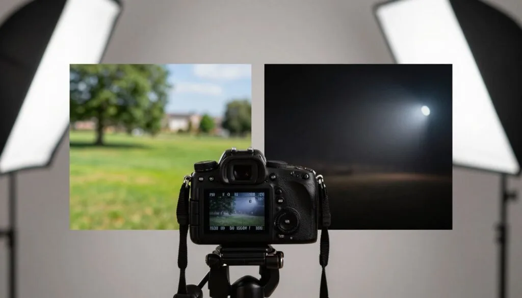 A visually striking split-image representation showcasing the differences between high and low ISO settings in photography. In the foreground, depict a high-quality camera on a tripod, with settings clearly visible on the display panel, illuminated by a soft, neutral light. In the middle, show two side-by-side sample photos: one vibrant and clear taken at a low ISO setting, with fine detail in natural daylight, and another, slightly grainy image taken at a high ISO in a dimly lit environment, capturing a dramatic, moody atmosphere. The background should suggest a photography studio setup, with softboxes and diffusers creating a professional ambiance. The overall mood should communicate a sense of exploration and understanding in photography, emphasizing clarity and texture. Stay focused, Ray Baker.