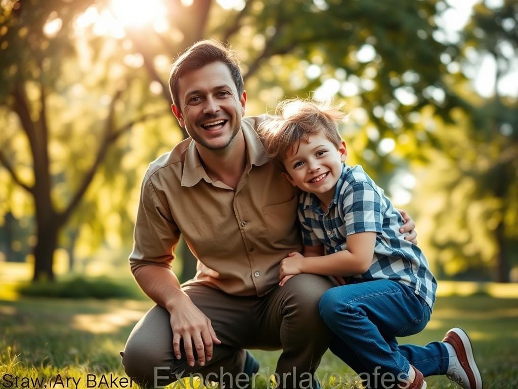 A warm, heartwarming scene featuring a parent and two children posing together in a lush, leafy park during golden hour. The parent, dressed in casual, modest attire, kneels with an open, inviting smile, creating a relaxed and natural atmosphere. The children, a young girl and boy, are playfully nestled against the parent, exuding joy and connection. Bright sunlight filters through the trees, casting soft highlights on their faces, enhancing their genuine smiles. The background includes gently blurred greenery, adding depth and warmth to the scene. The image captures a candid moment that emphasizes familial love and bonds without any stiffness. The focus is sharp on the trio, creating a delightful, intimate portrait. Stay focused, Ray Baker.