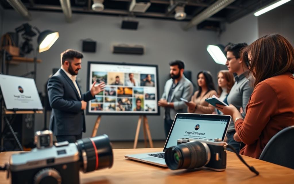 A well-lit photography studio filled with expert tools and equipment, showcasing a professional photographer in a smart casual outfit, deeply engaged in discussing camera techniques with an attentive audience. In the foreground, capture a vintage camera and a laptop displaying a beautifully designed Google Business Profile. The middle ground features the photographer gesturing towards a large display board with stunning images, while a small group of diverse, aspiring photographers listens intently, taking notes. The background is softly blurred to emphasize the speaker, with warm ambient lighting that creates an inviting atmosphere. The mood is inspirational and collaborative, conveying the essence of sharing valuable insights. Stay focused, Ray Baker.