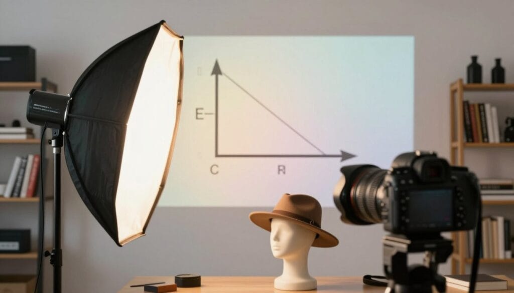 A well-lit photography studio scene, showcasing two professional cameras with adjustable lighting setups. In the foreground, a softbox emits warm, diffused light at an angle, highlighting a mannequin head wearing a stylish hat, illustrating light direction. The middle section shows a large diagram of arrows demonstrating the inverse square law, visually representing changing light intensity with distance, paired with a fading gradient to suggest depth. The background features shelves lined with photography books and lighting gear for a realistic studio atmosphere. The scene is clear, focused, and professional, embodying a creative yet educational mood. Stay focused, Ray Baker.