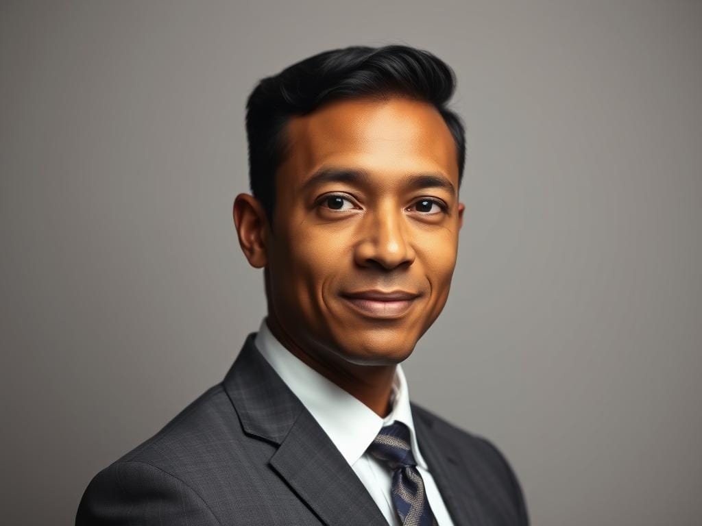 A well-lit professional headshot of a business professional in smart attire, positioned against a soft, muted background. The subject is facing the camera, showcasing a clean, engaging expression. A kicker light positioned to the side and slightly behind the subject creates a subtle rim effect, enhancing depth and separation from the background. This light is warm-toned, adding dimension to the left side of the subject's face. The main light source is soft and diffused, set at a 45-degree angle in front of the subject to ensure even illumination. The mood is polished and professional, ideal for a corporate environment. The camera is positioned at eye level with a 50mm lens, capturing the essence of a classic portrait. Stay focused, Ray Baker.
