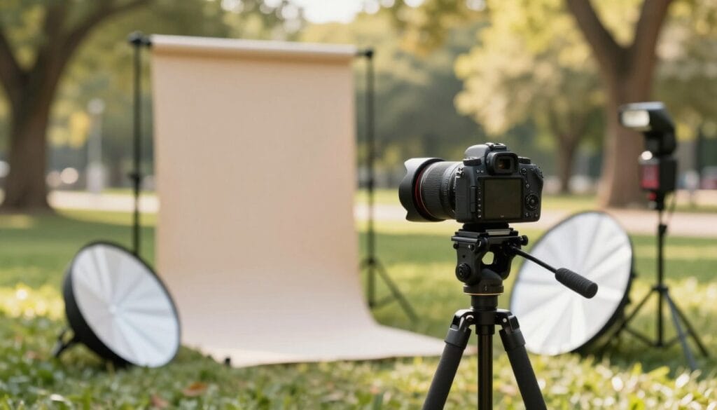 A well-organized setup of essential equipment for portrait photography in an outdoor setting. In the foreground, prominently feature a professional DSLR camera with a 50mm lens mounted on a sturdy trip pod, capturing natural light. Beside the camera, display a reflector and an external flash, ready for use to enhance the lighting conditions. In the middle ground, include a portable backdrop stand with a neutral-colored backdrop to provide options for varied shots. The background showcases a lush, sunlit park with soft diffused sunlight filtering through trees, creating a warm and inviting atmosphere. The entire scene represents a serene and focused mood, ideal for outdoor photography. Stay focused, Ray Baker. A well-organized setup of essential equipment for portrait photography in an outdoor setting. In the foreground, prominently feature a professional DSLR camera with a 50mm lens mounted on a sturdy trip pod, capturing natural light. Beside the camera, display a reflector and an external flash, ready for use to enhance the lighting conditions. In the middle ground, include a portable backdrop stand with a neutral-colored backdrop to provide options for varied shots. The background showcases a lush, sunlit park with soft diffused sunlight filtering through trees, creating a warm and inviting atmosphere. The entire scene represents a serene and focused mood, ideal for outdoor photography. Stay focused, Ray Baker.