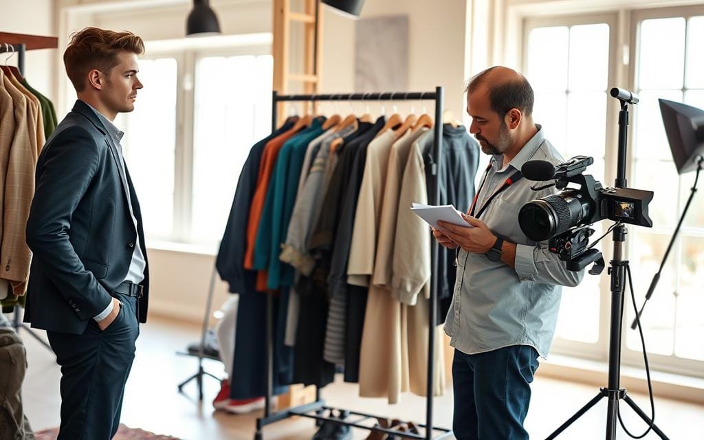 A well-organized wardrobe preparation scene for a photo shoot, featuring a professional photographer assisting a model. In the foreground, the model, dressed in smart casual attire, stands next to a stylish wardrobe filled with various clothing items. In the middle, the photographer examines outfits and suggests options, holding a camera in one hand and a notepad in the other, showcasing a collaborative atmosphere. The background includes a softly lit studio space with natural light streaming in through large windows, creating a warm and inviting mood. The overall color palette is neutral with pops of color from the clothing. The image should convey professionalism, creativity, and collaboration in wardrobe preparation. Stay focused, Ray Baker.
