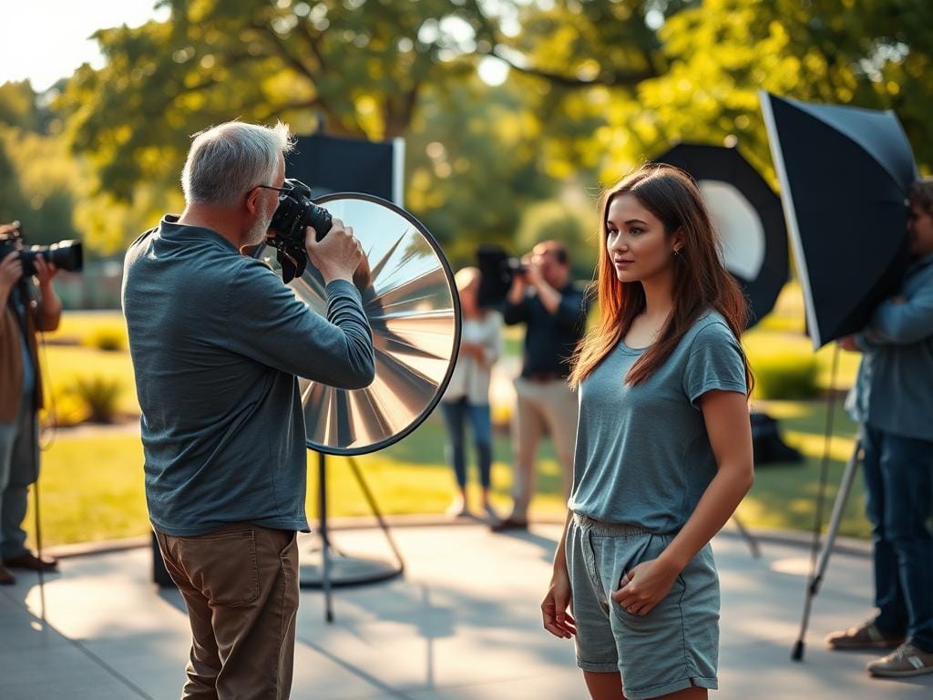 An outdoor portrait scene showcasing several professional photographers using reflectors to enhance natural light during a photo shoot. In the foreground, a photographer adjusts a large, round silver reflector aimed at a model dressed in modest casual clothing. In the middle distance, other photographers can be seen with various sizes of reflectors and diffusers, all positioned to manipulate sunlight. The background features a soft-focus park with green trees and a gently lit sky. Soft, warm lighting creates an inviting atmosphere while highlighting the model's features. Capture an atmosphere of collaboration and creativity as each photographer employs practical techniques to achieve flattering portraits. Stay focused, Ray Baker.