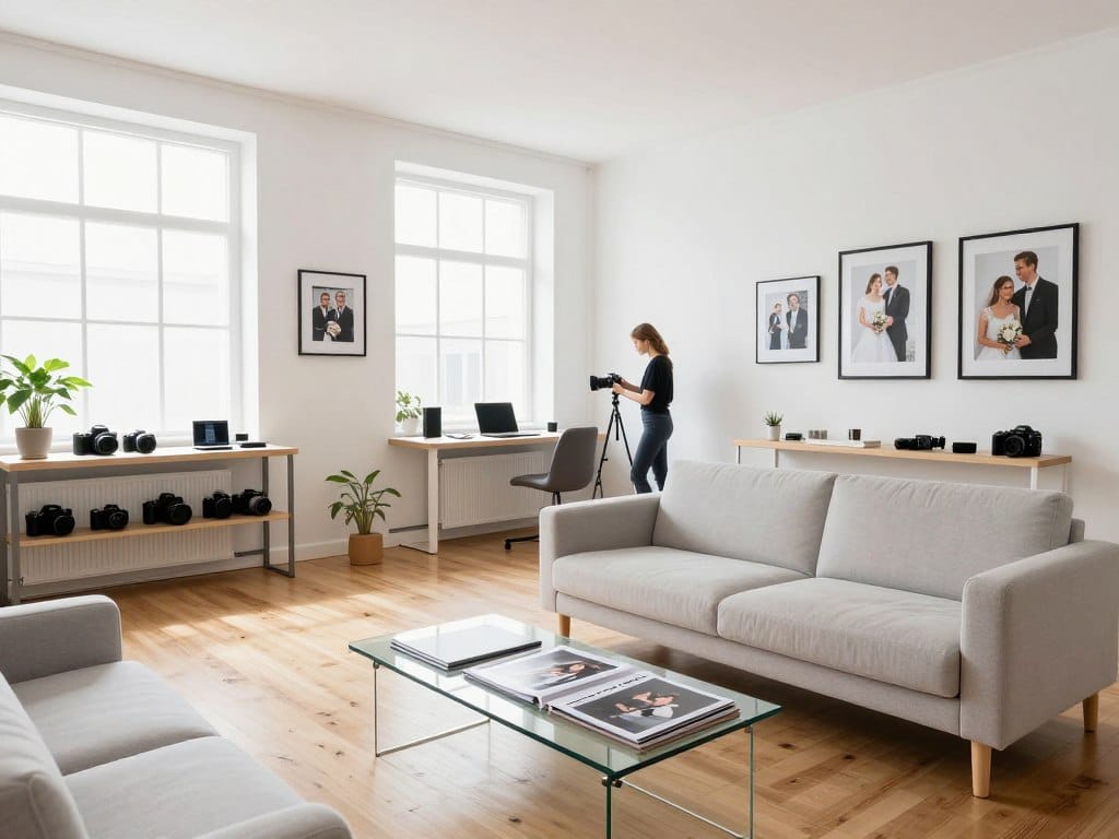 clean organized photography studio with sample albums and framed prints creating professional welcoming client meeting space