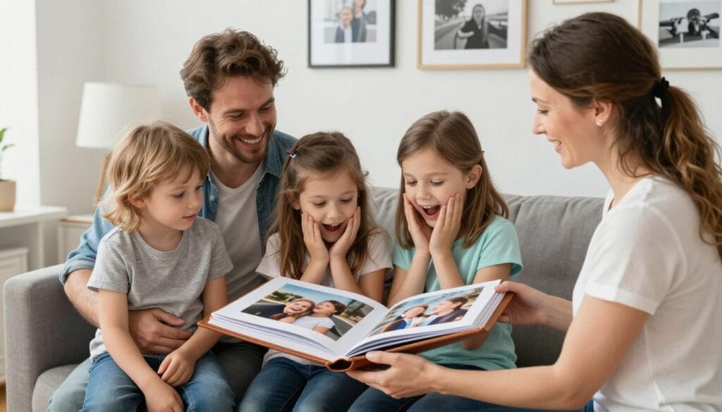 happy family receiving their photography prints from photographer showing exceptional client experience and service