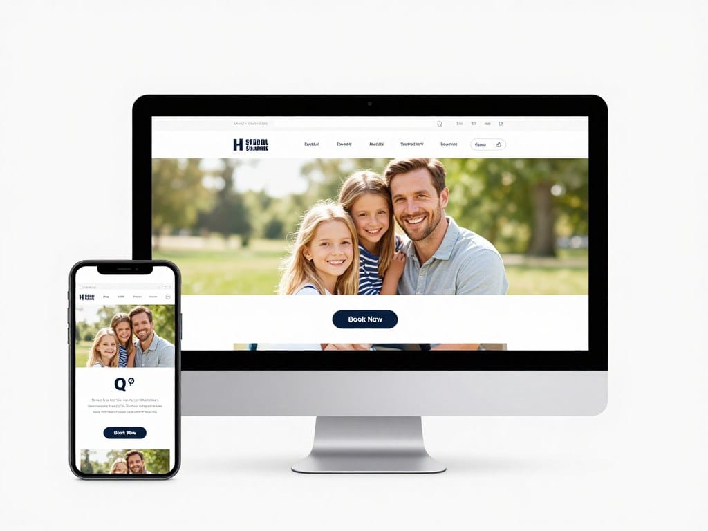 modern photography website homepage on desktop and mobile showing professional portfolio layout and contact button