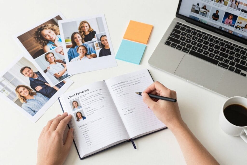 photographer creating client persona document with photos and notes showing target audience research for how to get more photography clients