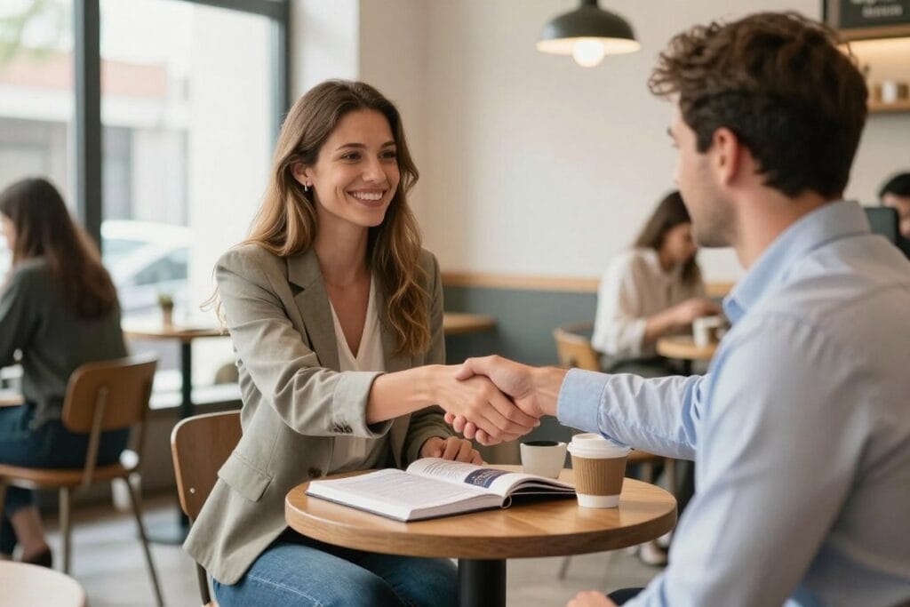 photographer networking at local business event shaking hands with potential client and partner