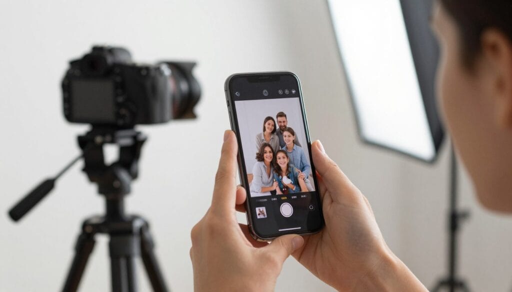 photographer posting behind the scenes content on smartphone with DSLR camera in background showing social media marketing strategy