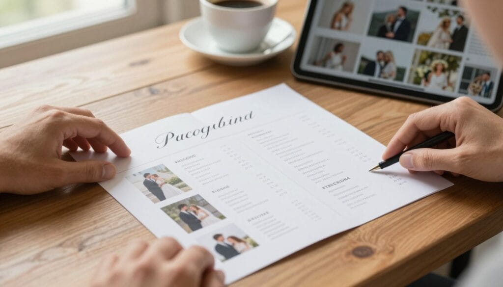 photographer presenting professional pricing guide and packages to potential client showing value based pricing strategy