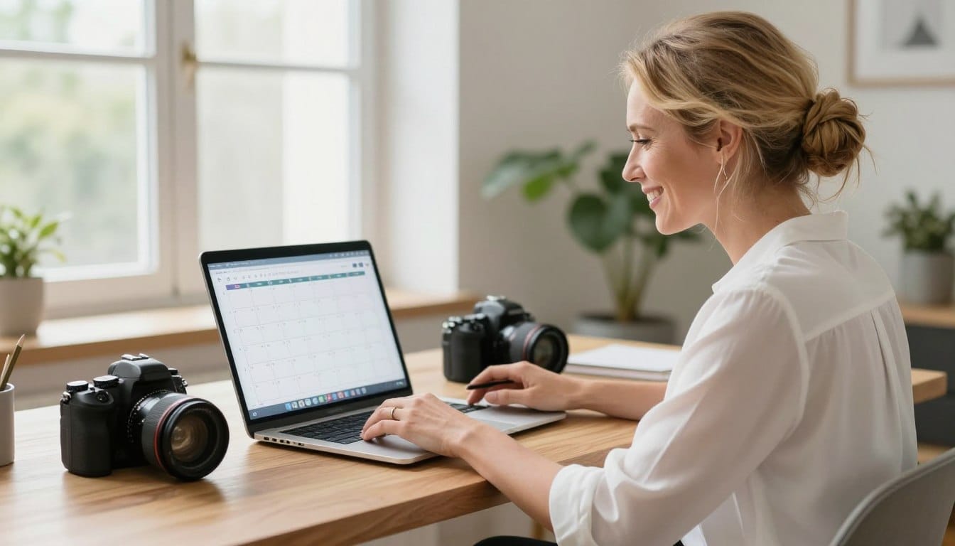 professional photographer reviewing client bookings on laptop with camera equipment on desk showing how to get more photography clients