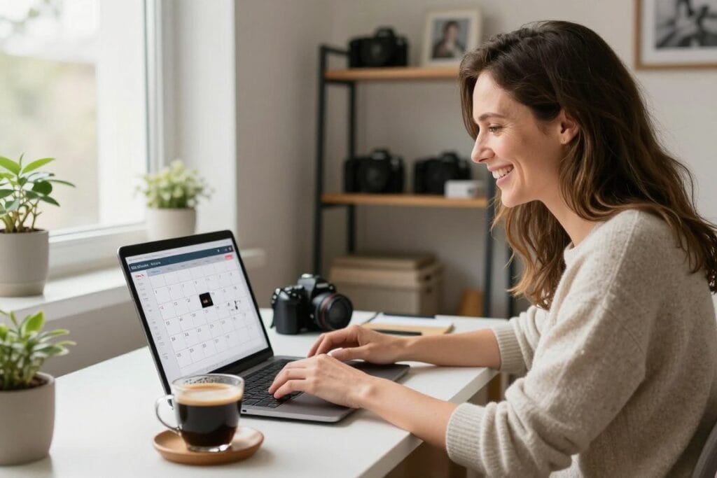 successful photographer reviewing full booking calendar on laptop with satisfied smile showing consistent photography client bookings