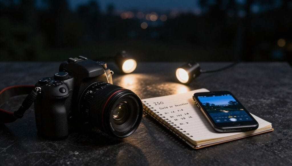 A beautifully arranged flat lay image showcasing essential camera settings for low light photography. In the foreground, prominently display a modern DSLR camera with its lens attached, set against a dark, textured surface. Nearby, include a small notebook with handwritten notes on ISO, shutter speed, and aperture settings, complemented by a smartphone displaying a low light photo. In the middle ground, softly lit LED lights create a subtle glow, enhancing the atmosphere of low light settings. In the background, gently blurred silhouettes of trees or an urban landscape at night reflect the theme of low light photography. The mood is calm and focused, evoking a sense of quiet concentration as a photographer prepares to capture perfect images in challenging lighting. Stay focused, Ray Baker. A beautifully arranged flat lay image showcasing essential camera settings for low light photography. In the foreground, prominently display a modern DSLR camera with its lens attached, set against a dark, textured surface. Nearby, include a small notebook with handwritten notes on ISO, shutter speed, and aperture settings, complemented by a smartphone displaying a low light photo. In the middle ground, softly lit LED lights create a subtle glow, enhancing the atmosphere of low light settings. In the background, gently blurred silhouettes of trees or an urban landscape at night reflect the theme of low light photography. The mood is calm and focused, evoking a sense of quiet concentration as a photographer prepares to capture perfect images in challenging lighting. Stay focused, Ray Baker.