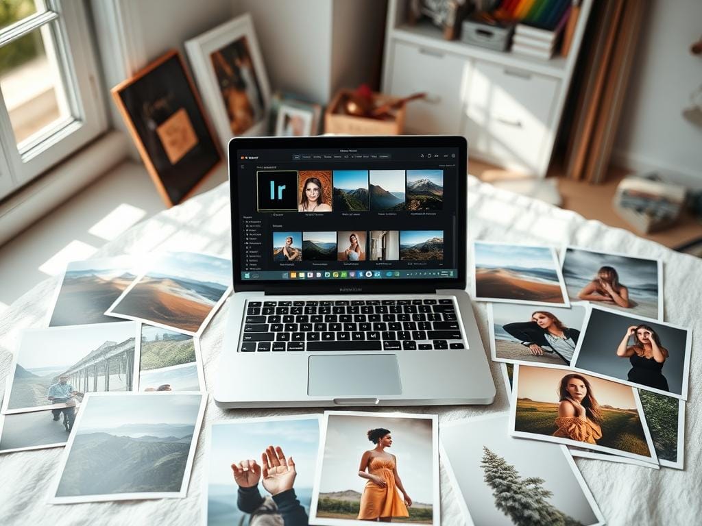 A beautifully arranged flat lay of an open laptop displaying Adobe Lightroom with a collection of elegant, understated presets. Surrounding the laptop are various printed photographs showcasing different types of photography, such as landscapes, portraiture, and still life, each demonstrating subtle editing effects. The laptop screen is vibrant, showcasing natural colors and soft contrasts, reflecting a focus on natural aesthetics. The scene is well-lit with soft natural light pouring in from a nearby window, creating a warm and inviting atmosphere. In the background, hints of art supplies or a cozy workspace can be seen, adding depth. The overall mood is encouraging and creative, inviting photographers to explore minimalistic editing without overwhelming their images. Stay focused, Ray Baker.