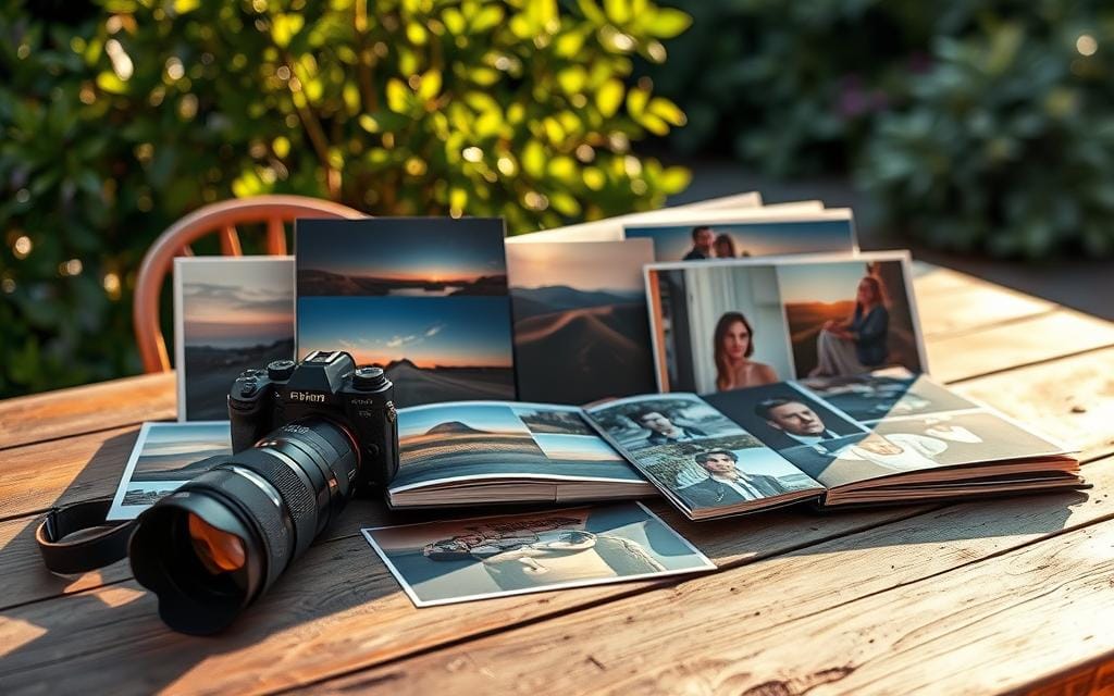 A beautifully arranged photography portfolio showcased on a rustic wooden table, with an elegant outdoor setting in the background featuring soft green foliage. The foreground includes an assortment of striking prints in diverse sizes, showcasing vibrant landscapes, intimate portraits, and compelling street photography. A camera with a prime lens rests stylishly beside the portfolio, reflecting natural light. The scene is bathed in warm, golden hour light, creating a serene and inviting atmosphere. Soft shadows enhance the textures of the prints and the table surface. The background is slightly blurred, emphasizing the portfolio while maintaining a harmonious, professional vibe. Stay focused, Ray Baker.
