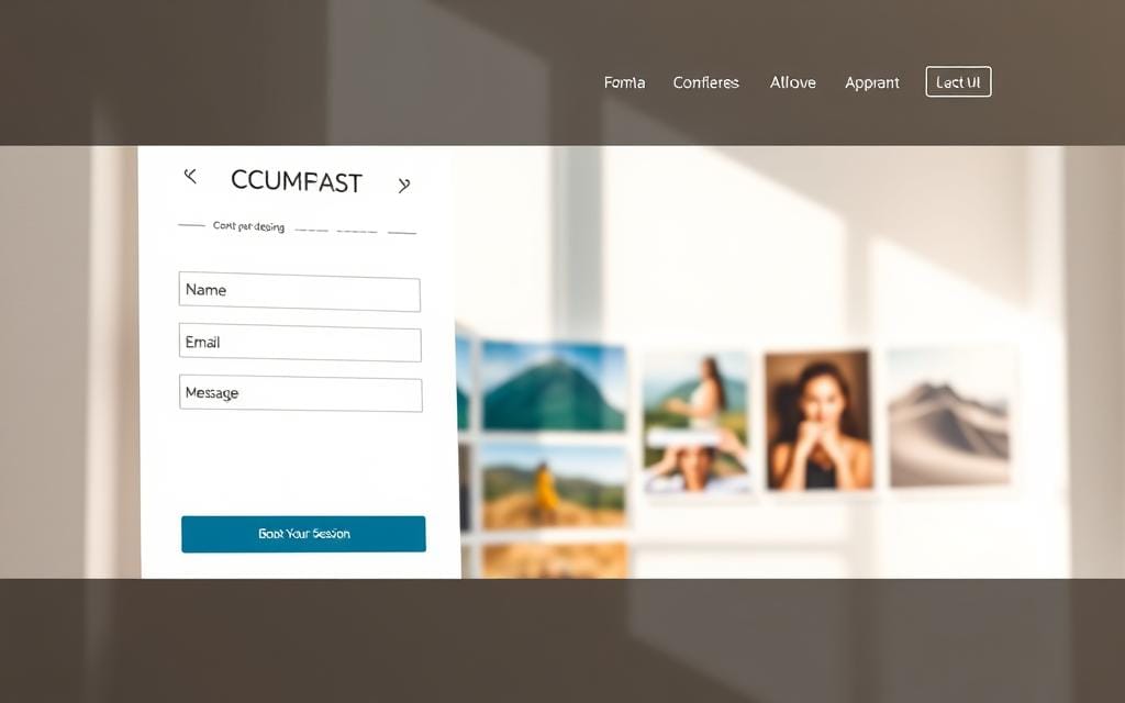 A beautifully designed photography landing page featuring an effective contact form prominently displayed in the foreground. The form is sleek, with elegant fields for name, email, and message, and highlighted by a bold call-to-action button that reads "Book Your Session". In the middle ground, a light and airy layout showcases compelling portfolio images of stunning landscapes and portraits, giving a sense of professionalism. The background features soft pastel colors, creating a calm and inviting atmosphere. Soft, natural lighting illuminates the scene, as if sunlight is filtering through a window, enhancing the allure of the designs. The composition is viewed at a slight angle to emphasize depth and engagement. Stay focused, Ray Baker.