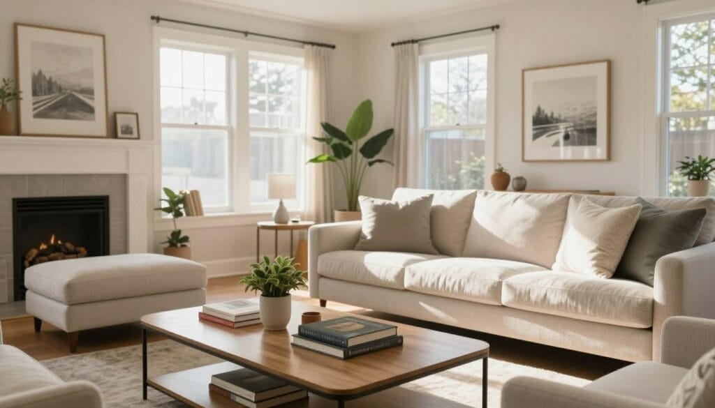 A bright, inviting living room showcasing the principles of real estate photography with excellent composition and lighting. In the foreground, a stylish coffee table adorned with a tasteful arrangement of books and a small plant. The middle ground features a well-angled sofa with soft, natural lighting streaming through large windows, casting gentle shadows. The background is filled with a cozy fireplace and tasteful artwork on the walls, enhancing the warmth of the space. Use a wide-angle lens to capture the openness, emphasizing the bright, airy atmosphere. Soft, diffused light creates an inviting mood, highlighting the room's spaciousness and inviting feel. Stay focused, Ray Baker.