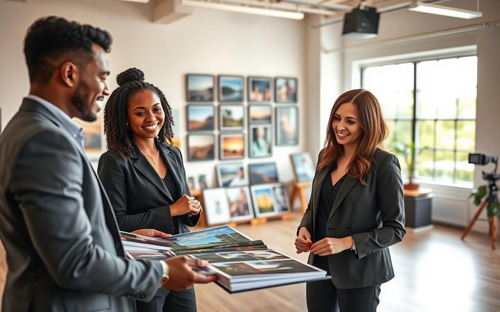 A bright, inviting photography studio setting, enhancing a portfolio and client engagement. In the foreground, a diverse group of two individuals, one male and one female, dressed in professional business attire, engaged in a friendly conversation while reviewing a photo book filled with vibrant, high-quality images. In the middle, a well-organized display of framed photographs and portfolios showcases various photography niches, such as landscapes and portraits. The background features large windows allowing natural light to flood the space, highlighting the details of the photographs and creating a warm atmosphere. Use a soft focus to enhance the sense of professionalism and creativity. The lighting should be bright yet soft, evoking a sense of inspiration and collaboration. Stay focused, Ray Baker.
