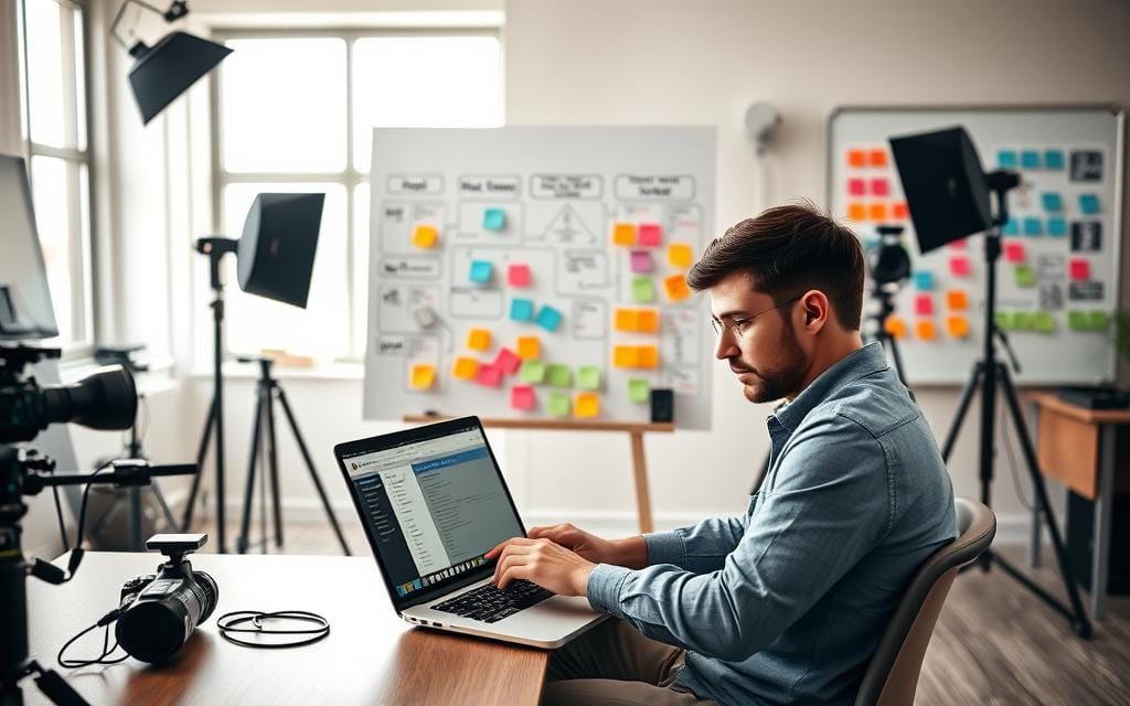 A busy photography studio, showcasing a professional photographer configuring automated workflows on a sleek laptop. In the foreground, a focused individual in smart casual attire, analyzing data and setting reminders, surrounded by photography equipment like cameras and lighting. The middle ground captures a large whiteboard filled with colorful sticky notes and flowcharts illustrating the workflow process. In the background, soft natural light filters through large windows, creating a bright, inviting atmosphere. The mood is productive and organized, reflecting the efficiency of a well-run photography business. The camera angle is slightly elevated, emphasizing the interaction between technology and artistry. Stay focused, Ray Baker. A busy photography studio, showcasing a professional photographer configuring automated workflows on a sleek laptop. In the foreground, a focused individual in smart casual attire, analyzing data and setting reminders, surrounded by photography equipment like cameras and lighting. The middle ground captures a large whiteboard filled with colorful sticky notes and flowcharts illustrating the workflow process. In the background, soft natural light filters through large windows, creating a bright, inviting atmosphere. The mood is productive and organized, reflecting the efficiency of a well-run photography business. The camera angle is slightly elevated, emphasizing the interaction between technology and artistry. Stay focused, Ray Baker.
