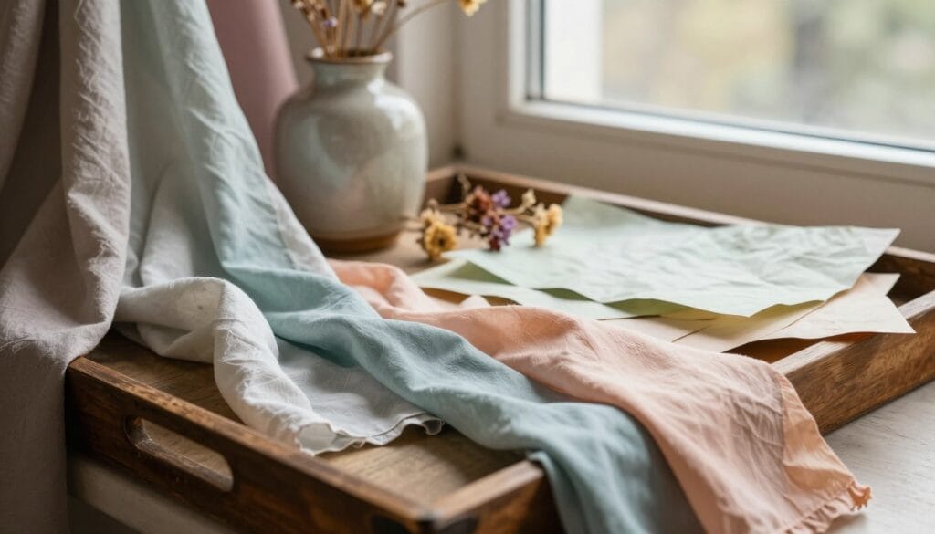 A captivating still life composition showcasing the creative use of fabric and paper in photography. In the foreground, delicate layers of colorful fabrics—silks and linens—are elegantly draped over a vintage wooden tray. Nearby, crumpled sheets of textured paper in shades of pastel and soft earth tones add depth and intrigue. The middle layer features a few artisanal objects like a small ceramic vase and scattered dried flowers, complementing the fabric and paper. In the background, a softly blurred window casts natural light, creating a warm, inviting atmosphere that highlights the textures. The image should evoke a sense of whimsy and creativity, inviting viewers to look closer and appreciate the artful arrangement. Stay focused, Ray Baker. A captivating still life composition showcasing the creative use of fabric and paper in photography. In the foreground, delicate layers of colorful fabrics—silks and linens—are elegantly draped over a vintage wooden tray. Nearby, crumpled sheets of textured paper in shades of pastel and soft earth tones add depth and intrigue. The middle layer features a few artisanal objects like a small ceramic vase and scattered dried flowers, complementing the fabric and paper. In the background, a softly blurred window casts natural light, creating a warm, inviting atmosphere that highlights the textures. The image should evoke a sense of whimsy and creativity, inviting viewers to look closer and appreciate the artful arrangement. Stay focused, Ray Baker.