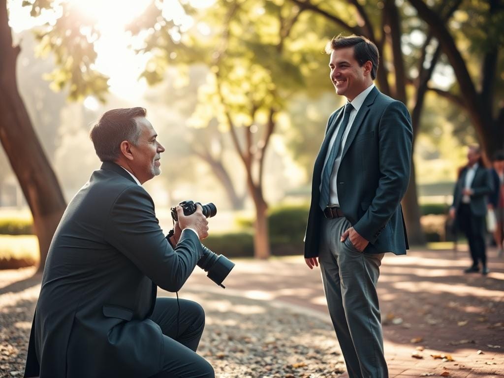 A captivating storytelling photography scene featuring a photographer interacting with a subject in a warm, inviting outdoor setting. In the foreground, the photographer, dressed in smart casual attire, is kneeling to establish a connection with a smiling individual, who is wearing professional business attire. In the middle ground, soft natural light filters through the leaves of nearby trees, casting gentle shadows that enhance the intimate atmosphere of the moment. In the background, a subtly blurred, vibrant park setting with lush greenery and a few curious onlookers adds context without distraction. The composition emphasizes the connection and presence shared between the photographer and the subject, evoking a sense of trust and engagement. The mood is warm and inviting, encapsulating the essence of storytelling through photography. Stay focused, Ray Baker. A captivating storytelling photography scene featuring a photographer interacting with a subject in a warm, inviting outdoor setting. In the foreground, the photographer, dressed in smart casual attire, is kneeling to establish a connection with a smiling individual, who is wearing professional business attire. In the middle ground, soft natural light filters through the leaves of nearby trees, casting gentle shadows that enhance the intimate atmosphere of the moment. In the background, a subtly blurred, vibrant park setting with lush greenery and a few curious onlookers adds context without distraction. The composition emphasizes the connection and presence shared between the photographer and the subject, evoking a sense of trust and engagement. The mood is warm and inviting, encapsulating the essence of storytelling through photography. Stay focused, Ray Baker.