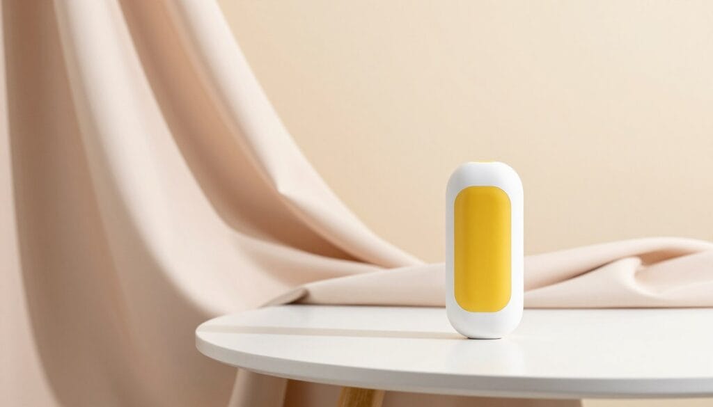 A clean and compelling product photography background, featuring a minimalist setup. In the foreground, an elegant white table holds a vibrant, well-lit product, like a sleek bottle or stylish gadget, showcasing its details. The middle section transitions smoothly into soft pastel-colored fabric draped elegantly, accentuating the product without distraction. In the background, a subtle gradient of warm beige complements the foreground, providing an inviting and harmonious atmosphere. Soft, diffused natural lighting illuminates the entire scene, creating gentle shadows that add depth. The image should evoke a sense of calm and professionalism, perfect for showcasing products in a home environment. Stay focused, Ray Baker.