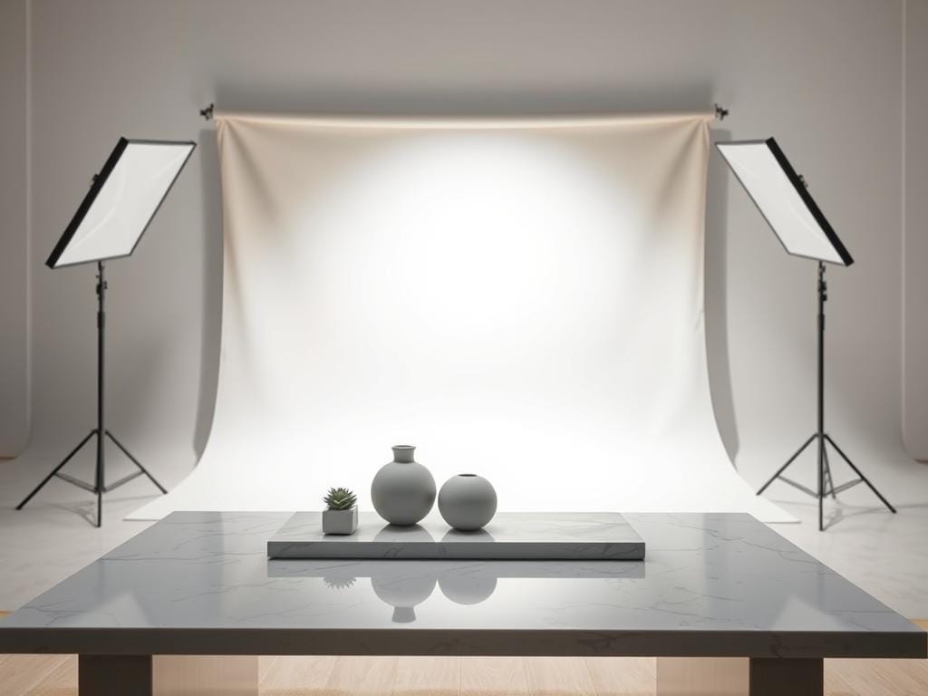 A clean photo background featuring an elegant, softly lit studio setting. In the foreground, a sleek marble table is positioned perfectly, showcasing minimalistic decor items—perhaps a stylish vase and a small potted plant. The middle ground subtly highlights a well-lit backdrop, with a smooth, light-colored fabric draping elegantly, providing a soft contrast to the decor. The lighting is bright but diffused, emanating from a large softbox positioned at a 45-degree angle, creating soft shadows for depth. The atmosphere is serene and professional, evoking a sense of polished simplicity ideal for showcasing products or portraits. The overall composition is balanced, focusing on clarity and aesthetic appeal, suitable for enhancing clean backgrounds. Stay focused, Ray Baker.