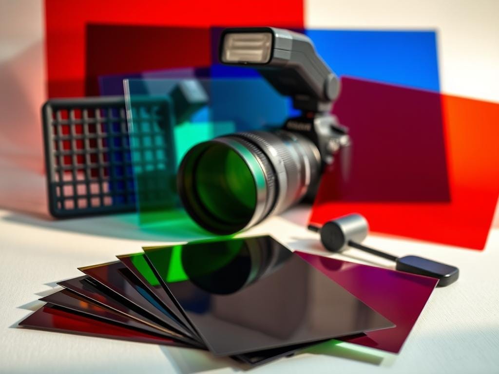A close-up arrangement of colorful lighting gels for flash photography, displayed on a clean, light background, capturing the vibrant hues of reds, blues, and greens. In the foreground, a few gels are fanned out, their edges catching soft light, while a grid diffuser and color temperature mixing tools are elegantly placed beside them. The middle section features a professional camera with a mounted flash, angled slightly to demonstrate its functionality. Soft, diffused natural light filters through the scene, evoking a creative and inviting atmosphere. The focus is on the textures and colors of the gels, highlighting their versatility for dramatic indoor photography. Stay focused, Ray Baker.