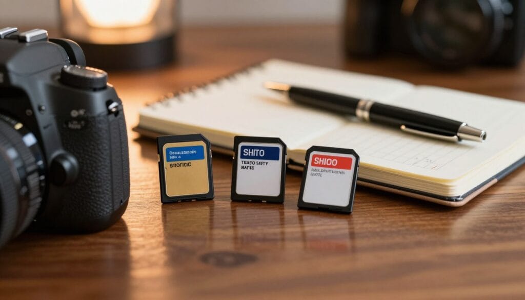 A close-up composition featuring various types of memory cards arranged on a sleek, polished wooden surface, reflecting light in a warm and inviting manner. The foreground includes a DSLR camera partially in focus, highlighting the memory card slot. In the middle ground, a soft-focus notebook with handwritten notes and a stylish pen echoes photography tips about data safety and efficiency. The background shows a blurred studio environment subtly illuminated with soft light, creating an ambiance of professionalism and creativity. Capture this scene with a shallow depth of field and a warm color palette, conveying a mood of reassurance and expertise. The image should emphasize the importance of memory card knowledge for photographers without any text or branding. Stay focused, Ray Baker. A close-up composition featuring various types of memory cards arranged on a sleek, polished wooden surface, reflecting light in a warm and inviting manner. The foreground includes a DSLR camera partially in focus, highlighting the memory card slot. In the middle ground, a soft-focus notebook with handwritten notes and a stylish pen echoes photography tips about data safety and efficiency. The background shows a blurred studio environment subtly illuminated with soft light, creating an ambiance of professionalism and creativity. Capture this scene with a shallow depth of field and a warm color palette, conveying a mood of reassurance and expertise. The image should emphasize the importance of memory card knowledge for photographers without any text or branding. Stay focused, Ray Baker.