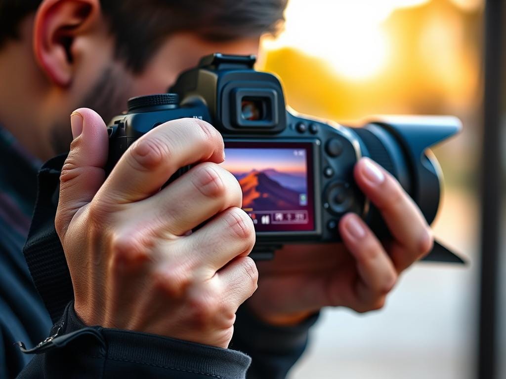 A close-up image of a professional photographer using back-button focus on a DSLR camera, where the focus button is prominently highlighted. The foreground features the photographer's hands expertly manipulating the camera controls, wearing smart casual attire. In the middle, the camera is focused on a vibrant subject, such as a stunning landscape or an expressive portrait, showcasing sharp detail and clarity. The background is softly blurred, suggesting an outdoor environment with natural light casting a warm glow, creating an inviting atmosphere. The composition emphasizes the mechanics of back-button focus, highlighting the contrast between action and stillness, portraying a sense of confidence and mastery in photography. Stay focused, Ray Baker. A close-up image of a professional photographer using back-button focus on a DSLR camera, where the focus button is prominently highlighted. The foreground features the photographer's hands expertly manipulating the camera controls, wearing smart casual attire. In the middle, the camera is focused on a vibrant subject, such as a stunning landscape or an expressive portrait, showcasing sharp detail and clarity. The background is softly blurred, suggesting an outdoor environment with natural light casting a warm glow, creating an inviting atmosphere. The composition emphasizes the mechanics of back-button focus, highlighting the contrast between action and stillness, portraying a sense of confidence and mastery in photography. Stay focused, Ray Baker.