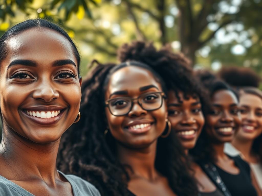 A close-up portrait of a diverse group of people, each displaying a balanced skin tone with warm highlights and cool shadows. The subjects are lined up outdoors, surrounded by lush greenery. The foreground focuses on two individuals smiling warmly, their skin glowing with natural makeup emphasizing rosy undertones. In the middle ground, others engage in conversation, their skin tones harmonized through proper color balancing techniques. The background features soft, diffused lighting filtering through trees, creating a calming atmosphere. Utilize natural light to highlight facial features while shadows provide depth, shot with a 50mm lens from eye level for an intimate feel. The scene radiates positivity, showcasing the beauty of diverse skin tones in a professional setting. Stay focused, Ray Baker.