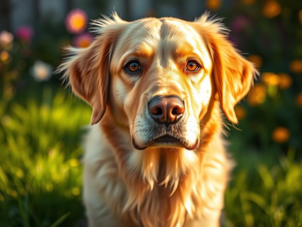A close-up portrait of a golden retriever with soulful brown eyes, capturing the essence of loyalty and warmth. The dog is sitting in a sun-drenched garden, with vibrant green grass and soft, blurred flowers in the background. The lighting is natural and diffused, enhancing the dog's fur texture, and creating soft shadows that lend depth to the image. Use a 50mm lens to emphasize the dog's face while achieving a beautiful bokeh effect. The mood is heartwarming and intimate, evoking a sense of connection between the pet and the viewer. The colors are warm and inviting, with a golden hour glow that highlights the dog's features without overexposing details. Stay focused, Ray Baker. A close-up portrait of a golden retriever with soulful brown eyes, capturing the essence of loyalty and warmth. The dog is sitting in a sun-drenched garden, with vibrant green grass and soft, blurred flowers in the background. The lighting is natural and diffused, enhancing the dog's fur texture, and creating soft shadows that lend depth to the image. Use a 50mm lens to emphasize the dog's face while achieving a beautiful bokeh effect. The mood is heartwarming and intimate, evoking a sense of connection between the pet and the viewer. The colors are warm and inviting, with a golden hour glow that highlights the dog's features without overexposing details. Stay focused, Ray Baker.