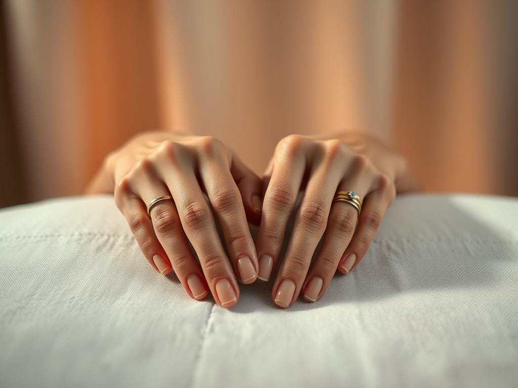 A close-up study of elegantly posed hands resting on a softly textured surface, showcasing natural gestures that convey a sense of relaxation. The hands, adorned with minimal yet tasteful rings, are set against a soft, diffused background that simulates a serene indoor space with warm, ambient lighting. The composition focuses on the subtle interactions of light and shadow, highlighting the graceful contours of the fingers and palms. Soft side lighting enhances the texture of the skin, emphasizing a candid, approachable mood. The image is shot from a slightly elevated angle to create intimacy, with a shallow depth of field that blurs the background, allowing the hands to be the focal point. Stay focused, Ray Baker.